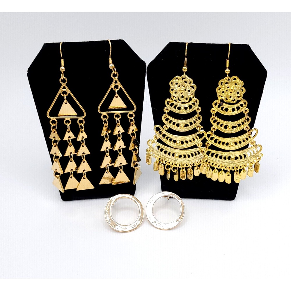 3 Pair Gold Tone Statement Earrings Lot Chandelier Geometric Circle Dangle